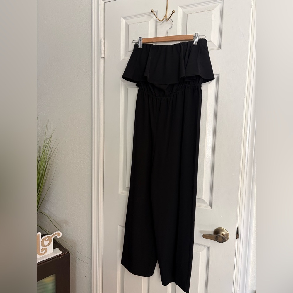 Women’s black strapless ruffle wide-leg jumpsuit - Picture 2 of 3